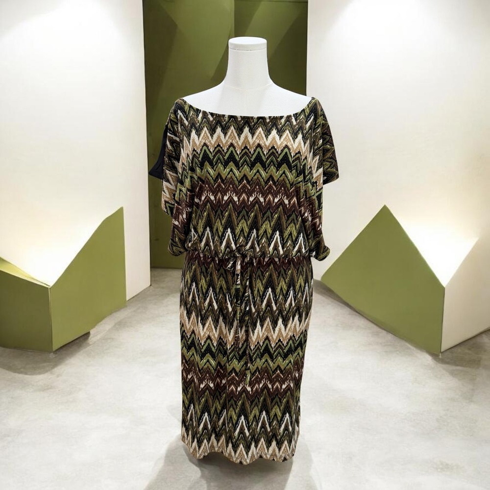 Olivia Matthews Zigzag Midi Dress Size 14 Boho Earthy Fall‎ Cozy Everyday Style